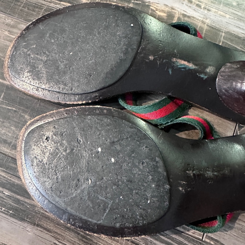 Gucci GG Logo Sandals Kitten‎ Heels THONGS Flip Flop Slides Brown Green Red 9.5 - Picture 13 of 16